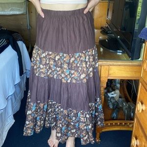 Brown Floral Flowy Boho Hippie Maxi Skirt